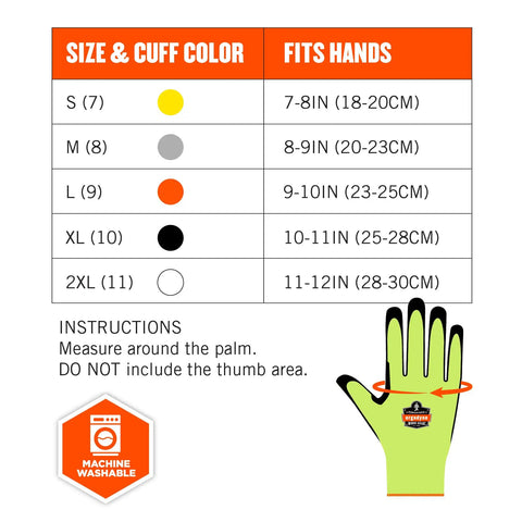 Size chart for ProFlex 7041 Lime Cut Resistant Gloves With Nitrile Coated Palms, showing hand measurement instructions and machine washable icon.