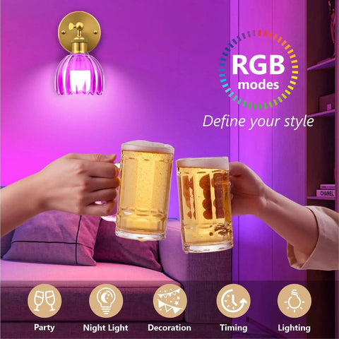 Vintage Wireless Rechargeable Led Wall Sconce Set Of Two Featuring Remote Dimmable Switch And Sleek Gold Finished Green Tulip Glass Shade For Bedroom Living Room Straight Up Gorgeous with purple ambient light.