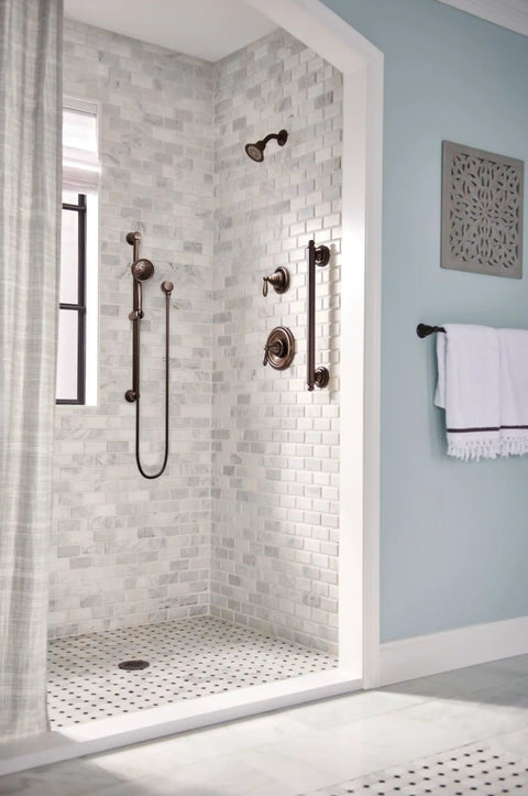 Oil Rubbed Bronze Round Drop Ell Handheld Shower Wall Connector for 1/2 Inch IPS Pipes Replacement A725ORB installed in shower