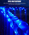66Ft Connectable Outdoor Rope Lights With 200 LEDs Remote, 18 Color Changing Modes, shown in waterproof mode on railing
