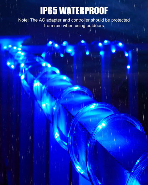 66Ft Connectable Outdoor Rope Lights With 200 LEDs Remote, 18 Color Changing Modes, shown in waterproof mode on railing