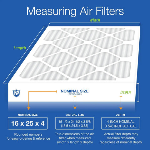 Illustration of Pleated Air Filter 16x25x4 MERV 15 Plus Carbon Odor Control Two Pack For Home HVAC Systems Actual Size 15.5 x 24.5 x 3.63 with dimensions and measuring guide.