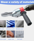 360 Degree Pivoting Drill Metal Shear Attachment in use, cutting various materials like acrylic and aluminum plates with cordless drill