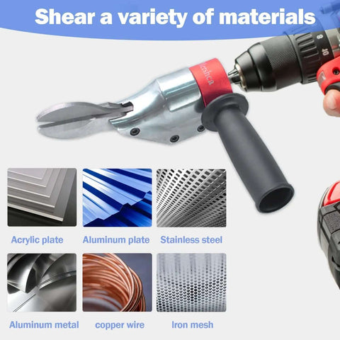 360 Degree Pivoting Drill Metal Shear Attachment in use, cutting various materials like acrylic and aluminum plates with cordless drill