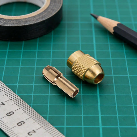 Sick 11 Piece Copper Drill Chuck Collet Adapter Kit Set For Rotary Tools showing gold plated mini drill holder and collet next to a ruler.