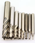 8-piece set of HSS end mills, 4-flute, square-nose, straight-shank, imperial sizes.