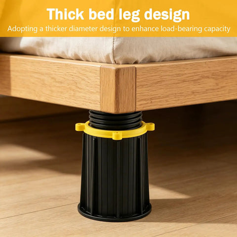 Heavy Duty Adjustable Bed Support Legs Four Pack No Fuss Height Stabilizers For Mattress Frame Center Post, thick black leg design.