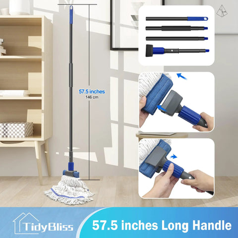 Heavy Duty Commercial String Mop With Extension Handle absorbs liquids and debris fast, 57.5 inches long, featuring blue wedge head.