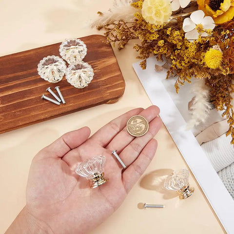 Upgraded Acrylic Crystal Cabinet Knobs And Drawer Pulls Featuring Slick Golden Diamond Cut Single Hole Furniture Hardware Kit Includes Heavy Duty Mounting Screws with 34.5 mm size knobs and mounting screws