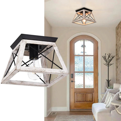 Farmhouse White Square Ceiling Light Fixture Semi Flush Mount With Rustic Iron Frame And Faux Wood Grain Finish in entryway.