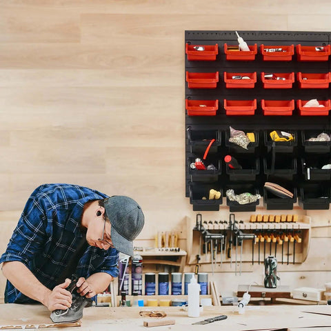 48 Bin Wall Mounted Storage Bins Rack Organizer for garage tools, featuring 24 small and 24 large bins, mounted on a wooden workshop wall.