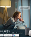 A woman uses voice control for Dope RGB Color Changing WiFi Smart Light Bulbs 3 Pack 7W E26 A19 LED Bulbs For Alexa Google Home Siri.