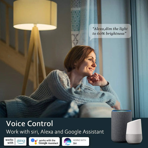 A woman uses voice control for Dope RGB Color Changing WiFi Smart Light Bulbs 3 Pack 7W E26 A19 LED Bulbs For Alexa Google Home Siri.