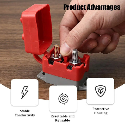 Heavy Duty Automatic Reset Circuit Breaker 10A Waterproof Stud Bolt For Trucks And Trailers showing a hand interacting with its protective cover.