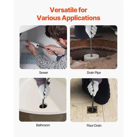 Heavy Duty Automatic Feed Drain Auger Sewer Snake Cleaning Machine With Four Interchangeable Cutters and Air Foot Switch in use for sewer, drain pipe, bathroom, and floor drain.