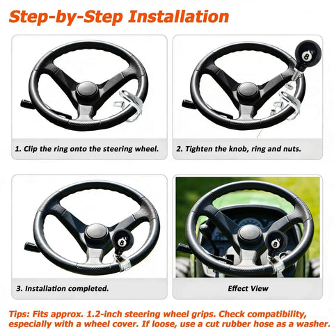Installation guide for 8 Ball Steering Wheel Assist Booster Grip Hand Control Spinner Suicide Knob for tractors and mowers.