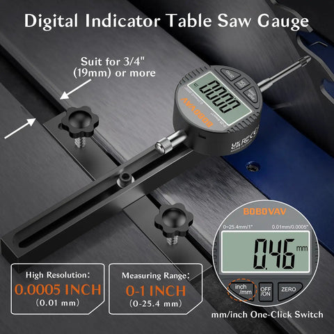 Digital Table Saw Alignment Gauge With Digital Dial Indicator 0.0005 Inch Resolution, 18cm Rod, CNC Aluminum Bar, Fits 3/4 Inch Slots