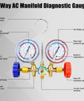 3 Way Car HVAC Manifold Gauge Set With Hoses And Quick Coupler Adapter For R134a R404a Refrigerant Charging Tool Kit For Auto AC Diagnostic Test And Recharge featuring dual pressure gauges and brass manifolds.