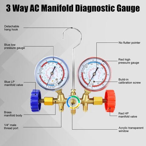 3 Way Car HVAC Manifold Gauge Set With Hoses And Quick Coupler Adapter For R134a R404a Refrigerant Charging Tool Kit For Auto AC Diagnostic Test And Recharge featuring dual pressure gauges and brass manifolds.