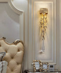Top Shelf Crystal Wall Sconce Dropping That Killer Vintage Vibe You Want, Crafted To Serve Up A Flawlessly Diffused Glare Free Glow Throughout Bedrooms Hallways And Foyers Every Single Time, golden design with glass drops.