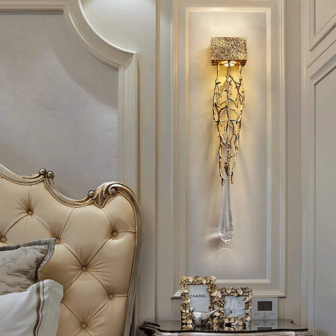 Top Shelf Crystal Wall Sconce Dropping That Killer Vintage Vibe You Want, Crafted To Serve Up A Flawlessly Diffused Glare Free Glow Throughout Bedrooms Hallways And Foyers Every Single Time, golden design with glass drops.