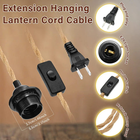 Close-up view of Six Pack 15 Feet Pendant Light Cord Kit with twisted nylon rope, plug-in switch, and E26 socket details.