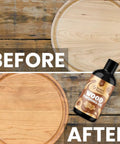 Straight Up Coconut Mct Wood Finishing Oil And Food Safe Cutting Board Sealer shows before and after on a wooden cutting board.