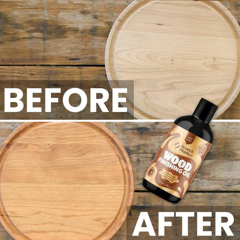 Straight Up Coconut Mct Wood Finishing Oil And Food Safe Cutting Board Sealer shows before and after on a wooden cutting board.