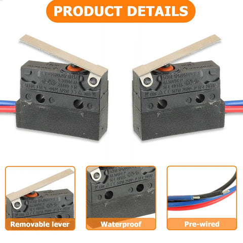 2 Pack Micro Limit Switch With Removable Lever SPDT 1 NO 1 NC 6A 12V DC Or 5A 250V AC Pre-Wired Tiny Switches front view