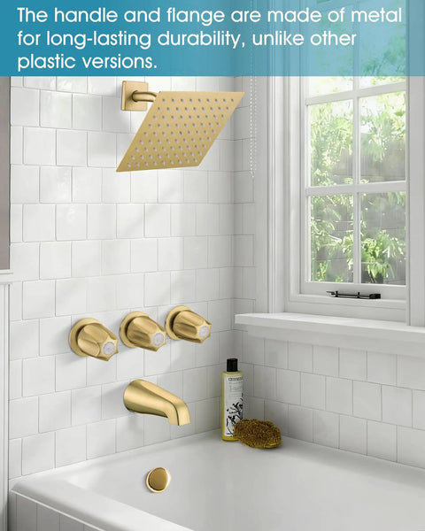 Metal 3 Piece Shower Knob Set With Handle Flange Replacement For Verve Tub And Shower Faucets Hot And Cold Remodel Kit Brushed Gold Easy Install Upgrade installed in bathroom