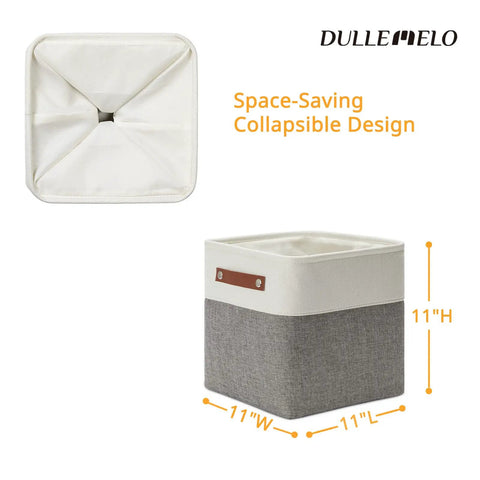 11 Inch Cube Storage Bins Set Of 4 With PU Leather Handles, collapsible white and grey fabric design showing size dimensions.