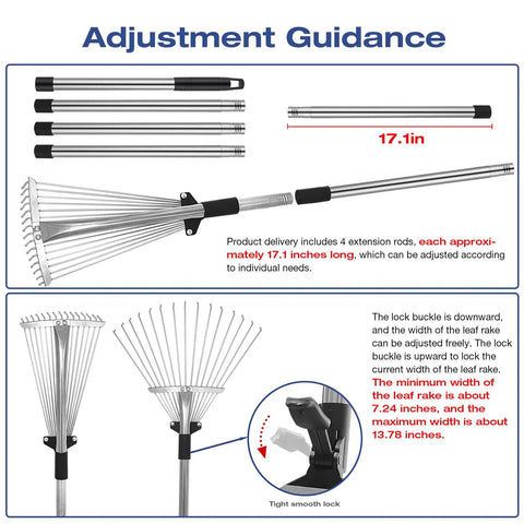 Adjustment guide for Adjustable Metal Leaf Rake With Telescoping Handle For Lawn And Garden Cleanup, showing rods and lock mechanism.