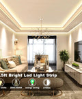 Modern living room lit by Warm White LED Strip Lights 50.5 Ft Dope Dimmable With RF Remote Control 24V Plug In Adhesive Rope Lights.