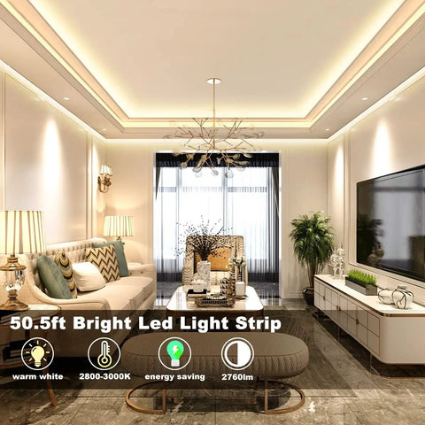 Modern living room lit by Warm White LED Strip Lights 50.5 Ft Dope Dimmable With RF Remote Control 24V Plug In Adhesive Rope Lights.
