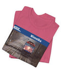 Fresh Heather Blend T Shirt Celebrating Winnetka Up N Metra Union Pacific North Train Station with train graphic in heather raspberry fabric.