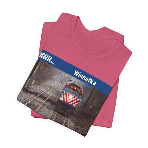 Fresh Heather Blend T Shirt Celebrating Winnetka Up N Metra Union Pacific North Train Station with train graphic in heather raspberry fabric.