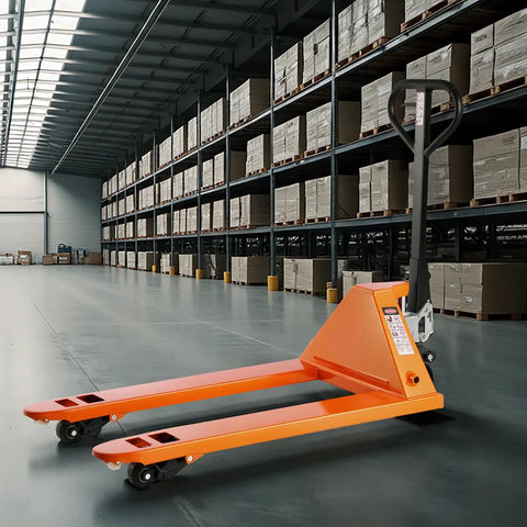 6600 Lb Manual Pallet Jack With 48 By 27 Inch Forks And A 3.35 To 7.1 Inch Lift Height in warehouse