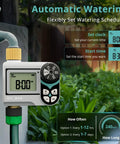 Zero Pressure Water Timer For Garden Hose Faucet With Brass Ports, Programmable Sprinkler Controller With Rain Delay shown on garden hose.