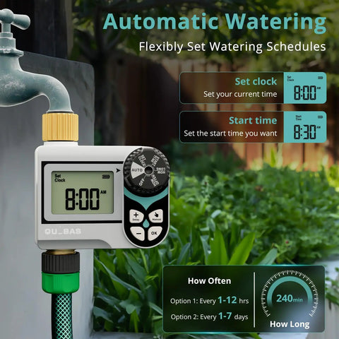 Zero Pressure Water Timer For Garden Hose Faucet With Brass Ports, Programmable Sprinkler Controller With Rain Delay shown on garden hose.