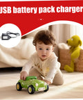 Child playing with toy car, image of USB Battery Charger 4.8V For RC Cars With Indicator Light on package
