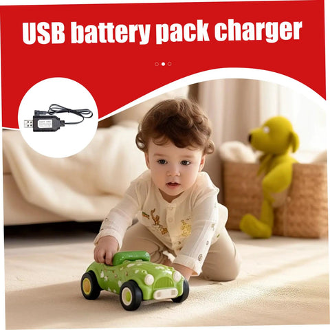 Child playing with toy car, image of USB Battery Charger 4.8V For RC Cars With Indicator Light on package