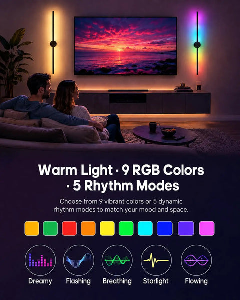 Two Battery Operated Wall Sconce Set of 2, 3000K & 9RGB Wireless Wall Light illuminating a living room with a TV.
