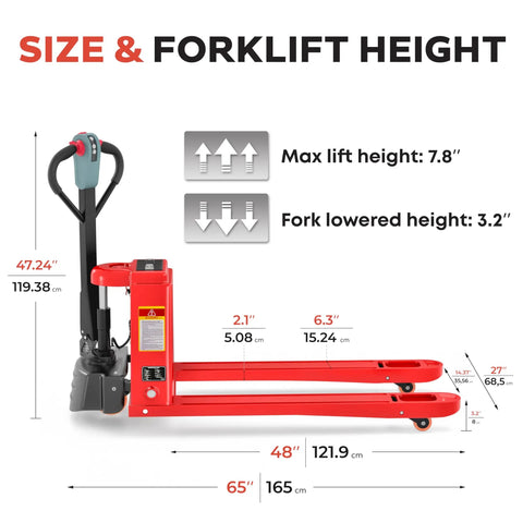Rock Solid Full Electric Walkie Pallet Stacker Forklift 3300 Lb Capacity No Sweat Warehouse Hauling Rig dimensions and lift heights.