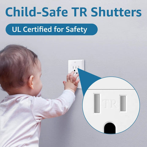 Child-safe TR shutters on a USB outlet, ensuring safety for kids in homes. Focus on durable white design and UL certification.