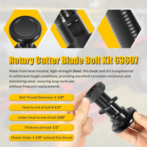 Rotary Cutter Blade Bolt Kit For Secure Attachment 2 Pack Replacement Fits Bush Hog Howse HICO Models Includes One And One Eighth Inch Fine Thread Bolts Nuts Washers, steel bolt close-up