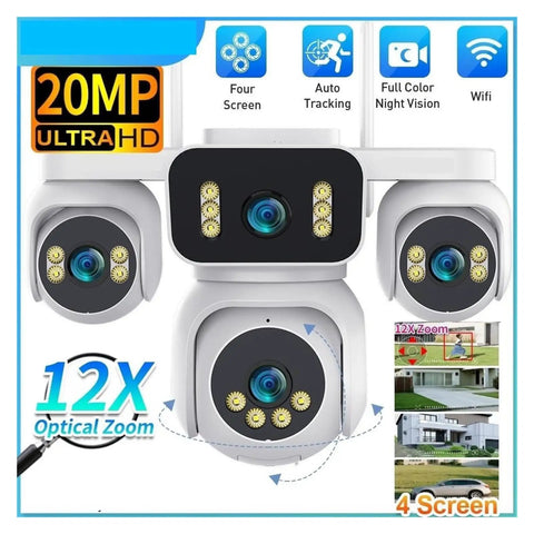 4-Lens Wireless IP Camera 20MP Quad-Split View Boasts Badass Clarity To Your Fortress With 12X Optical Zoom shown from the front with night vision LEDs.
