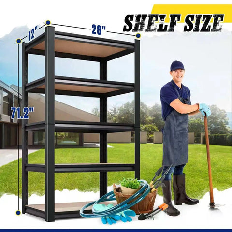 Heavy Duty Garage Shelving Unit Four Pack With Boltless Adjustable Steel Racks 71 In H 28 In W 12 In D 1900 Lbs next to garden.