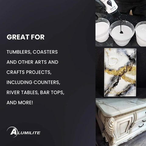 Alumilite black liquid color dye, 1 oz, for casting resin; shown with mixing cups and resin artwork.