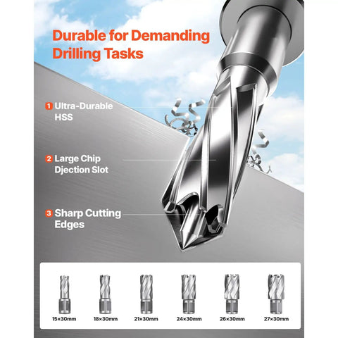Ironclad Magnetic Core Drill With A Rock Solid 2922 Pound Holding Base And Smooth Variable Speed Control For Effortless Two Inch Holes In Thick Steel Plates Comes Packed With Six Premium Hss Bits displaying ultra-durable HSS drill bits.