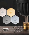 Close-up of Six Piece Countersink Drill Bit Set With M35 Cobalt HSS drilling metal, showing hex shank and material compatibility.